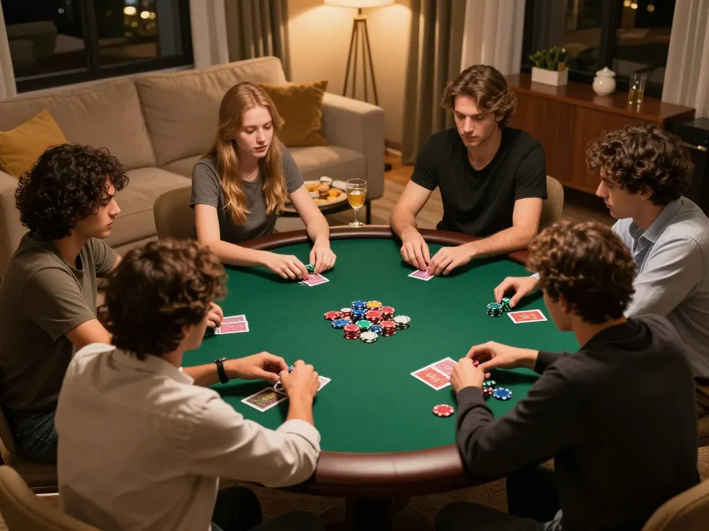 Engaging home poker game scene highlighting strategies with nhà cái 388bet players around a green felt table.