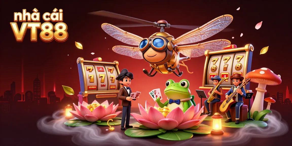 Experience the vibrant world of nhà cái VT88 with a lively dragonfly pilot and frog croupier amidst a bustling casino scene.