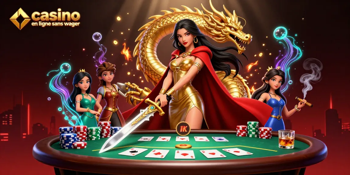 Vivez l'excitation du casino en ligne sans wager avec une reine guerrière et un dragon dans une scène de poker vibrante.