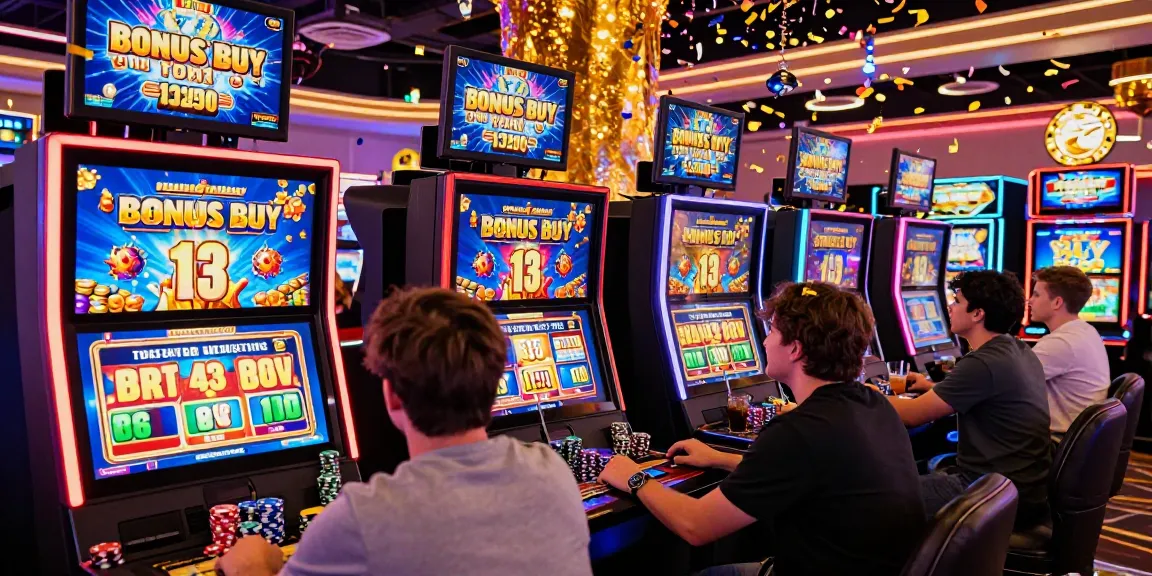 Discover top Bonus Buy Slots at https://aboutderbyshire.co.uk, featuring dynamic gaming scene with excited players and vibrant slot machines.