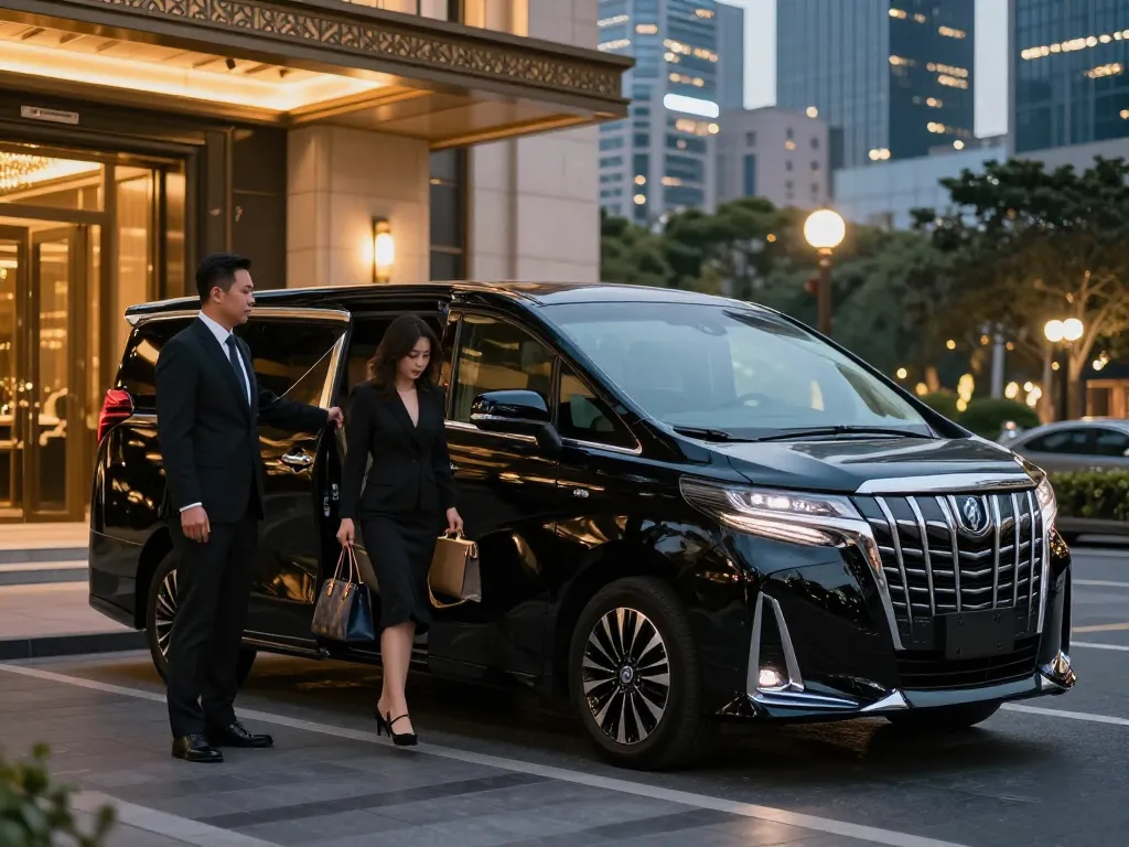 Thuê Toyota Alphard cho chuyến du lịch sang trọng, có dịch vụ tài xế trong một khung cảnh thành phố đầy sức sống.