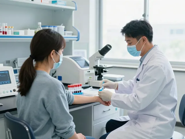 Laboratorio de análisis clínicos, flebotomista extrayendo sangre de un paciente en un entorno limpio y profesional.