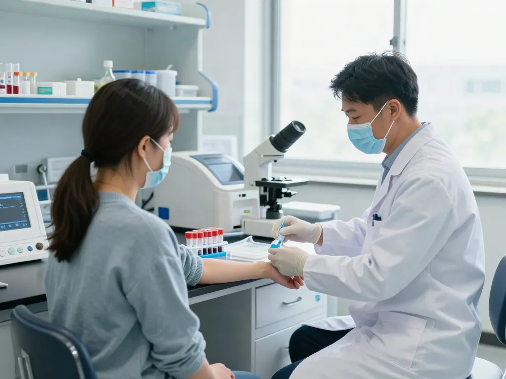 Laboratorio de análisis clínicos, flebotomista extrayendo sangre de un paciente en un entorno limpio y profesional.