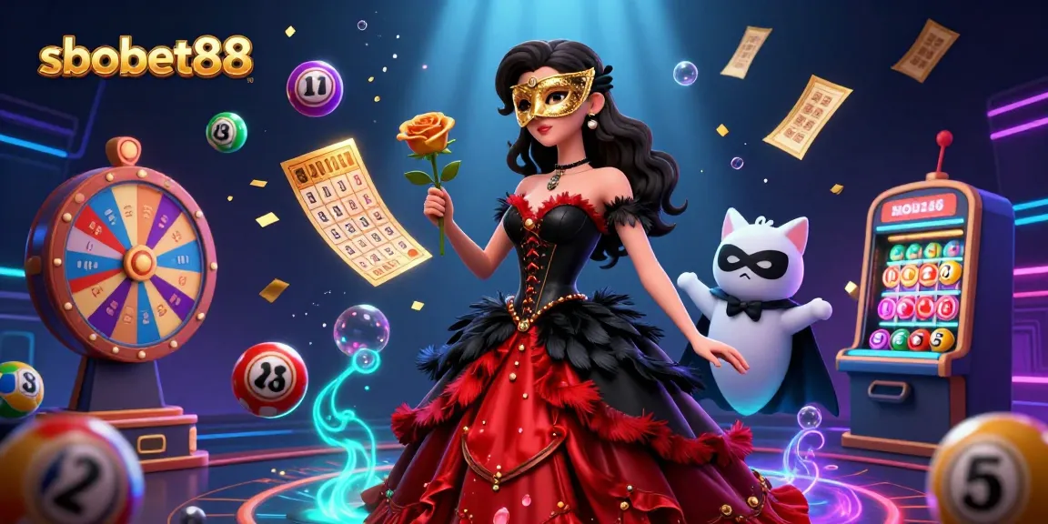 Experience sbobet88 with exhilarating lottery excitement surrounded by festive game elements in a captivating casino scene.