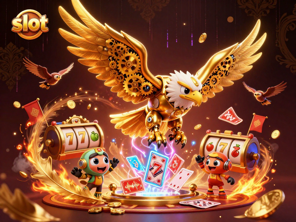 Experience thrilling slot action with a robotic eagle flying through dynamic casino elements.