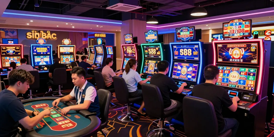 Trải nghiệm sòng bạc Jin88 trực tuyến với người chơi đang tham gia các trò chơi sôi động, ánh sáng màu sắc.