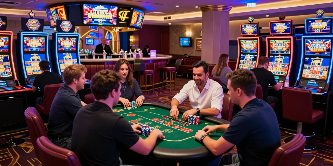 Players enjoying a vibrant credit card casino atmosphere with neon lights, games, and excitement.