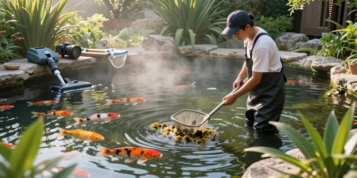 Professional Pond Cleaning Surrey in serene backyard pond, cleaner removing algae and debris.