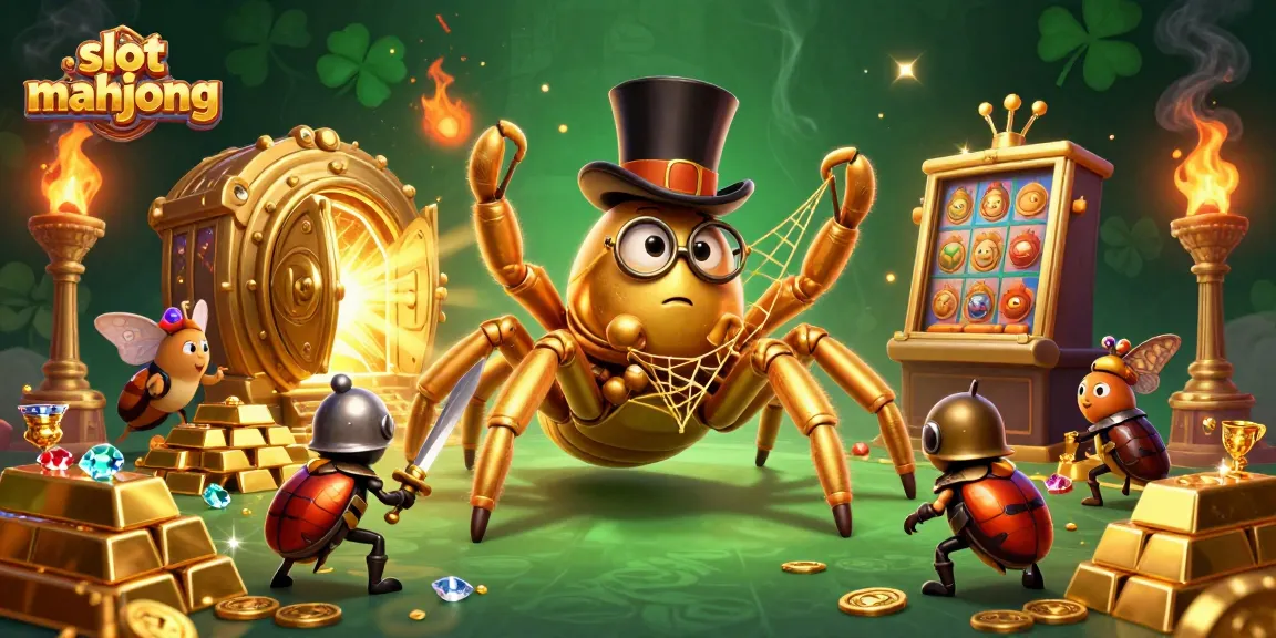 Engage in slot mahjong excitement with a golden tarantula and knight in a rich casino atmosphere.