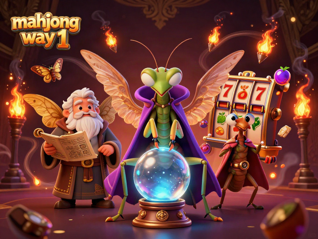 Engaging scene of mahjong way 1 with a fortune teller and moth librarian amidst vibrant casino elements.