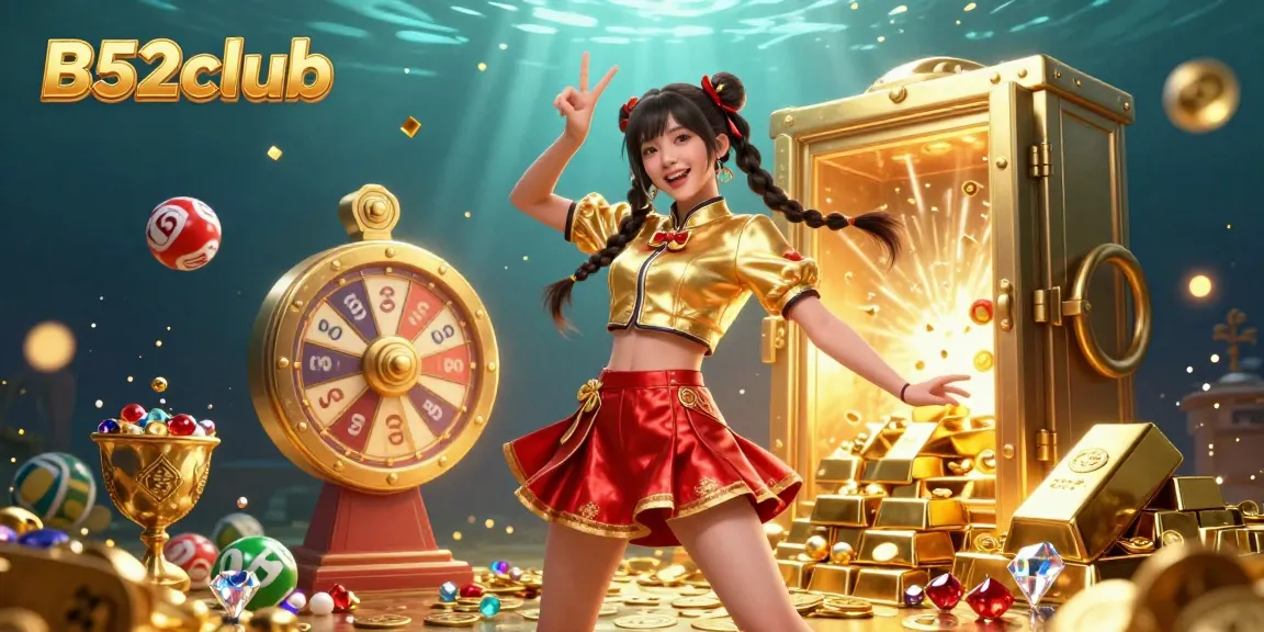 B52club features a vibrant casino illustration with an energetic Asian woman making a peace sign and surrounded by lottery elements.