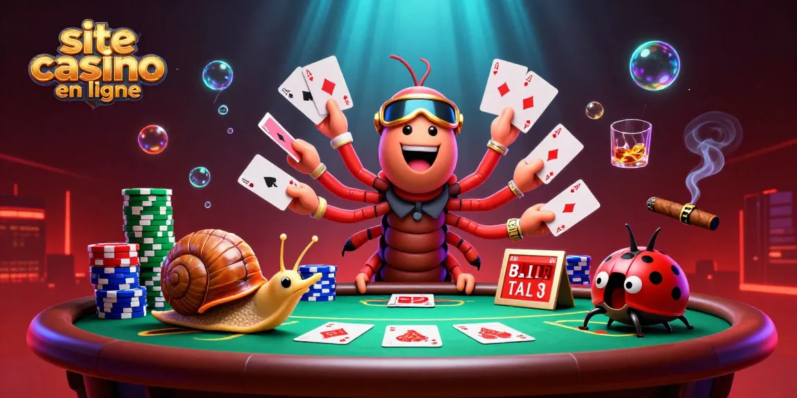 Cartes et jetons colorés sur site casino en ligne, animés par un dealer fantaisiste.