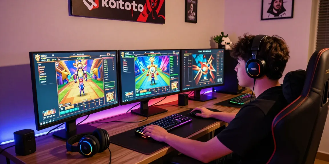 Koitoto player enjoying a dynamic online gaming experience with multiple monitors and vibrant layouts.