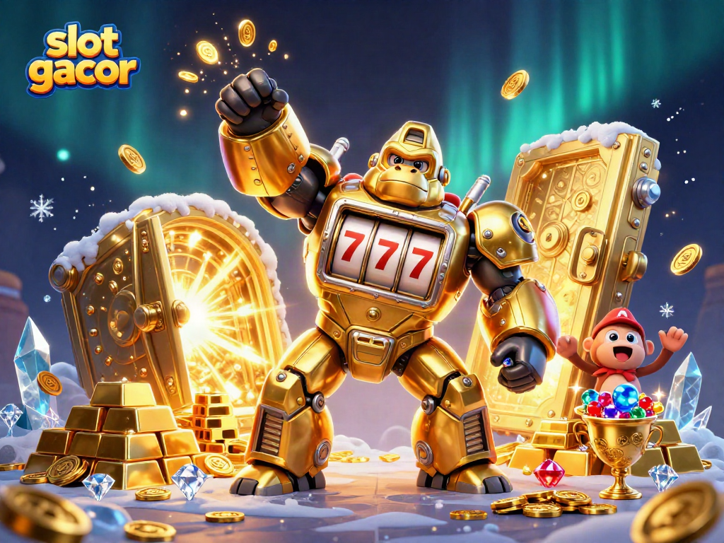 Experience slot gacor with a golden gorilla mech surrounded by treasure in a dynamic casino scene.