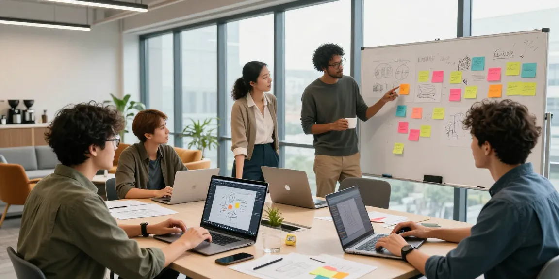 Team collaborating on a mixboard in a bright office, showcasing creativity and digital brainstorming.