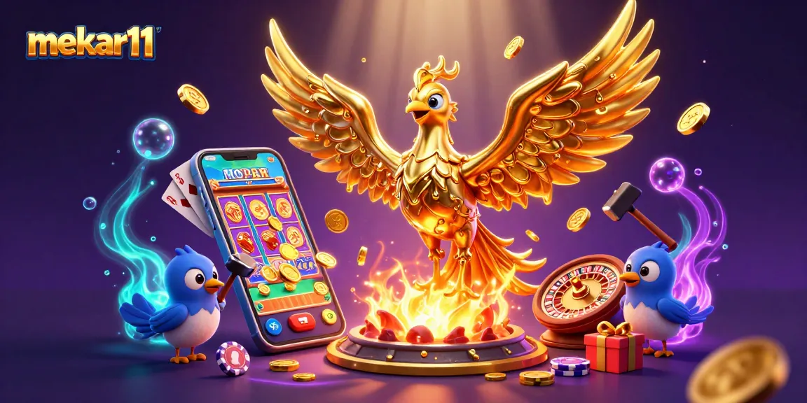 Experience thrilling wins with mekar11's vibrant 3D casino scene featuring golden phoenix and exciting slot games.