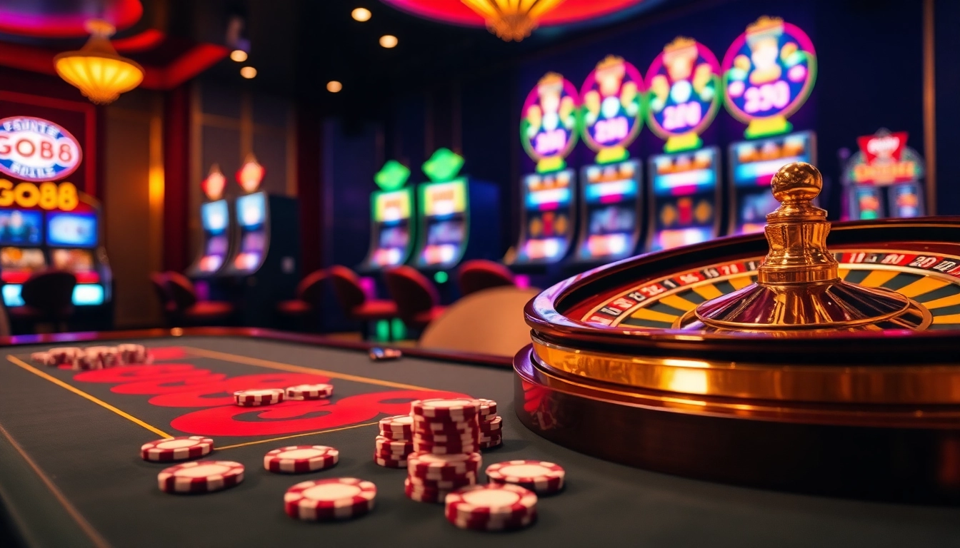 Players enjoying a lively Go88 casino experience at an elegant gaming table with colorful chips.