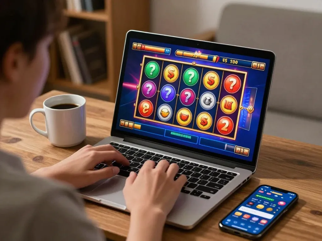 A person engages with agen slot interface on a laptop, showcasing an interactive online gaming experience at home.