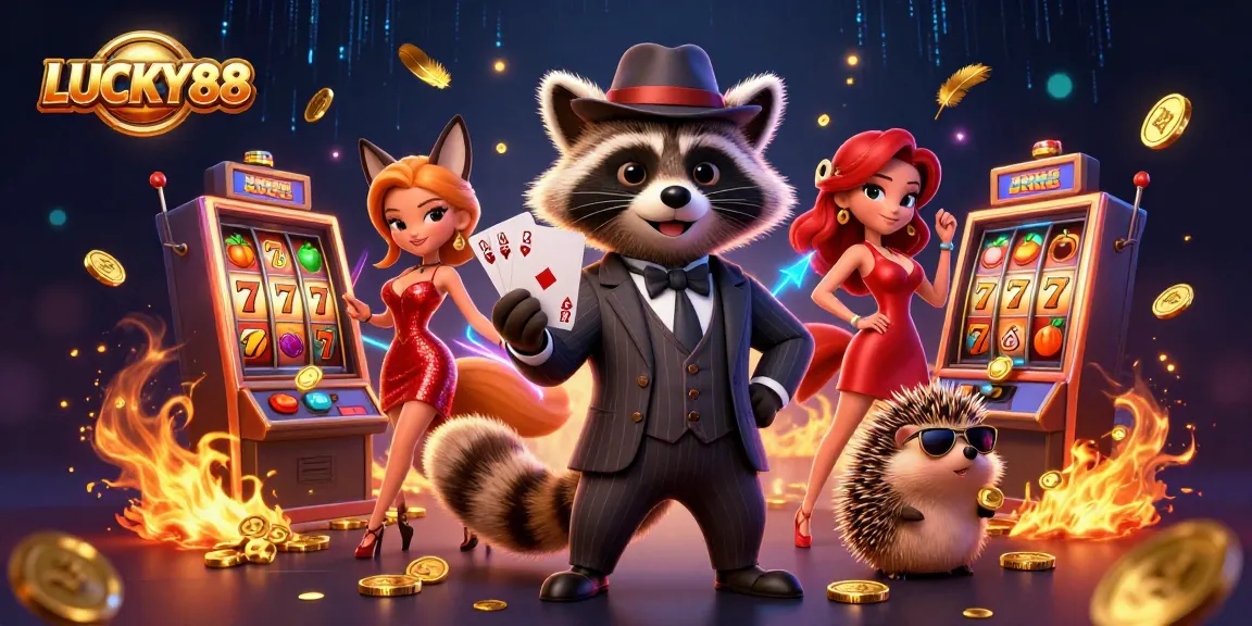Experience the thrill of LUCKY88 with a charming raccoon, fox, and hedgehog in a vibrant casino scene!
