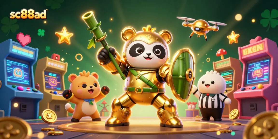 Experience the thrill of sc88ad with a golden panda robot battling in a vibrant casino arena.