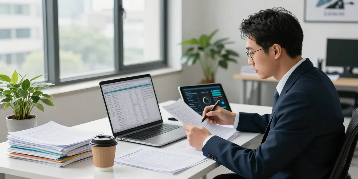 Forensic accountant conducting asset tracing analysis in a modern office space with digital tools