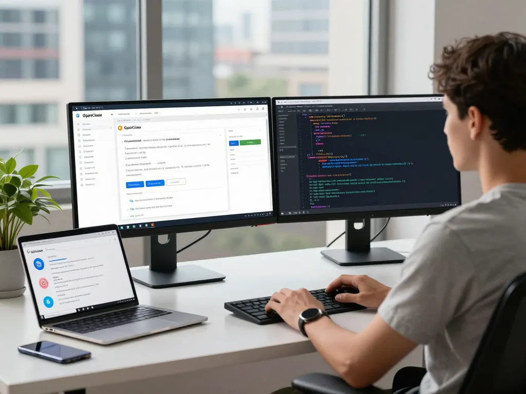 OpenClaw assistant setup in a modern workspace with developer coding and task management tools.
