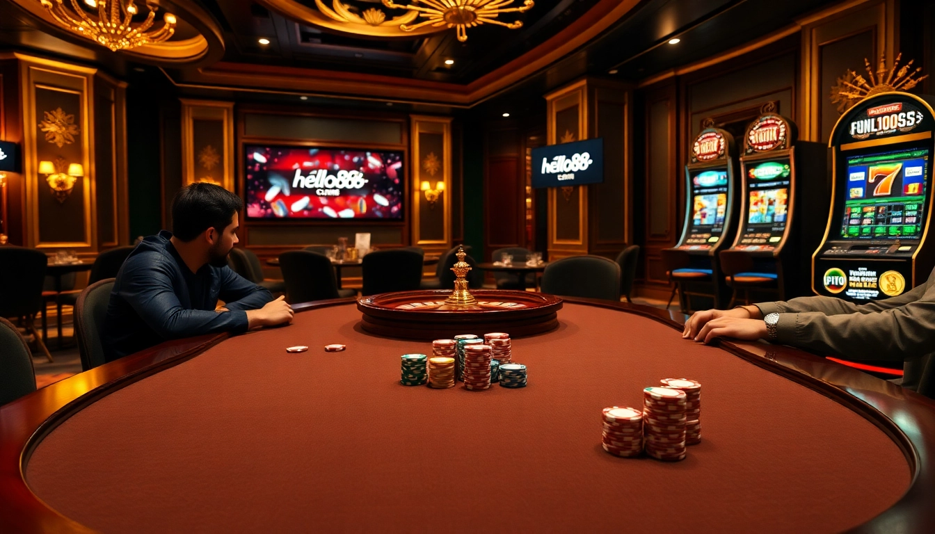 Experience a thrilling poker game atmosphere featuring elements from hello88.com and luxury casino decor.