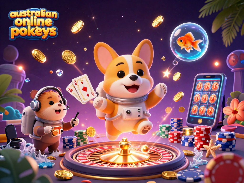 Unleash your luck with australian online pokies amongst a vibrant casino scene featuring playful characters.