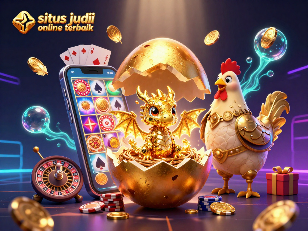 Aksi bermain di situs judi online terbaik dengan ilustrasi kasino 3D yang menampilkan naga emas dan chip poker