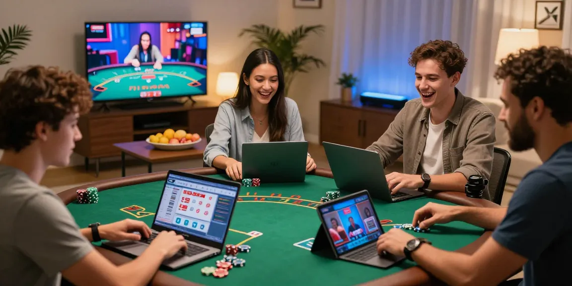 Excited players enjoying situs casino live dealer blackjack from home.
