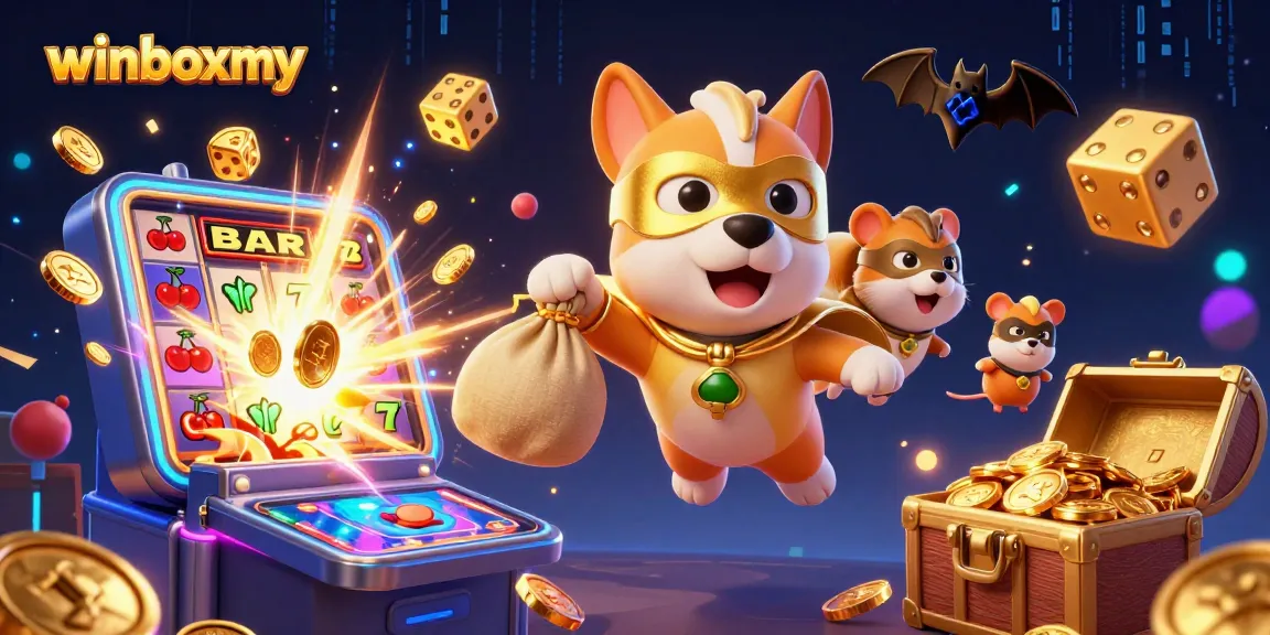 Experience winboxmy's thrilling games with vibrant characters and exploding jackpots in this 3D illustration.