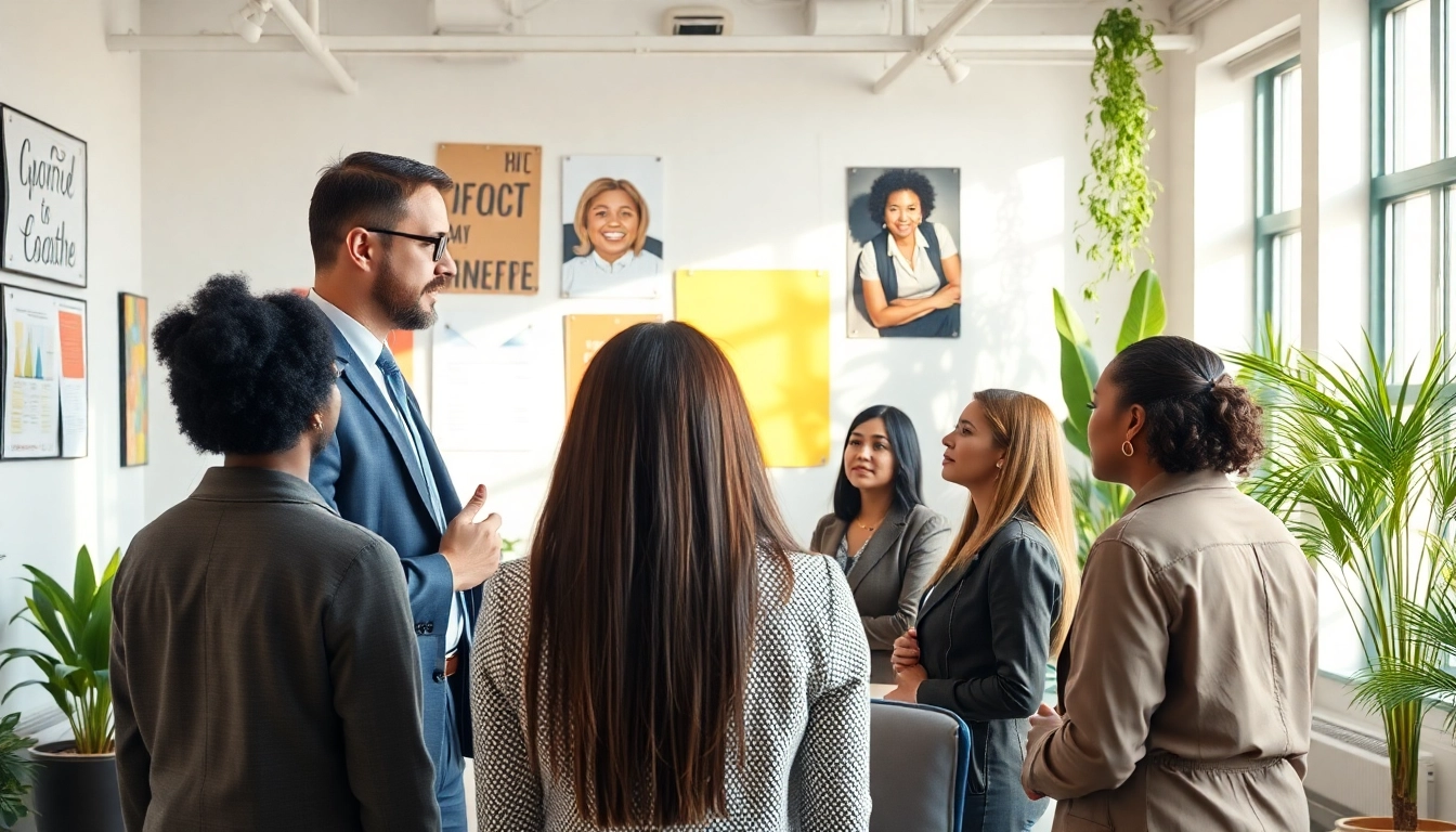 Find my true calling with a career coach guiding a diverse group in a modern office.