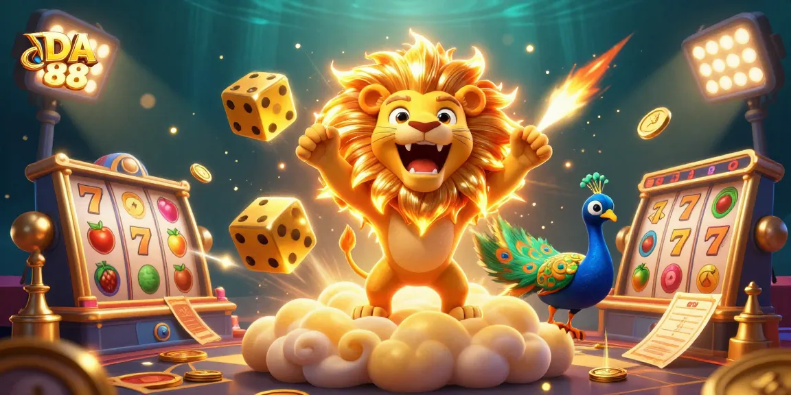 Join the excitement at DA 88 with a roaring lion, slot reels, and dynamic gaming elements.