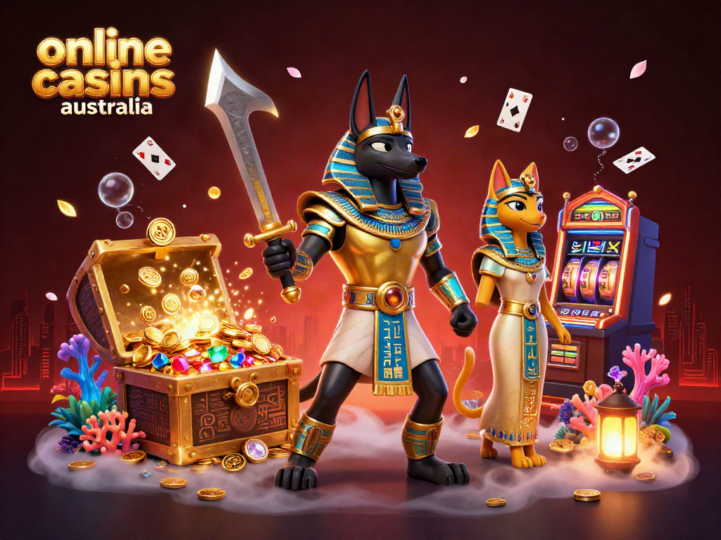 Engage with exciting online casinos australia through this vibrant fantasy scene featuring Anubis and Bastet.