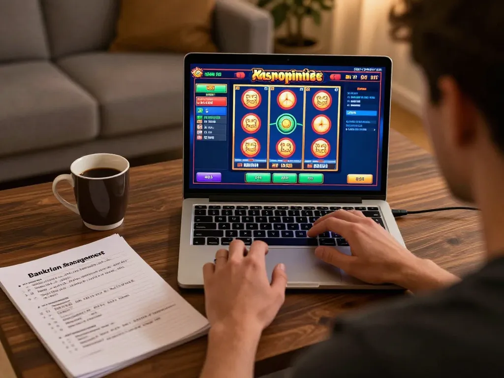 Player navigating a slot server Thailand on a laptop, showcasing responsible gaming in a cozy home setup