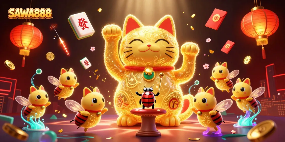 Experience SAWA888's vibrant gaming with a dynamic scene of fantasy casino elements and characters.