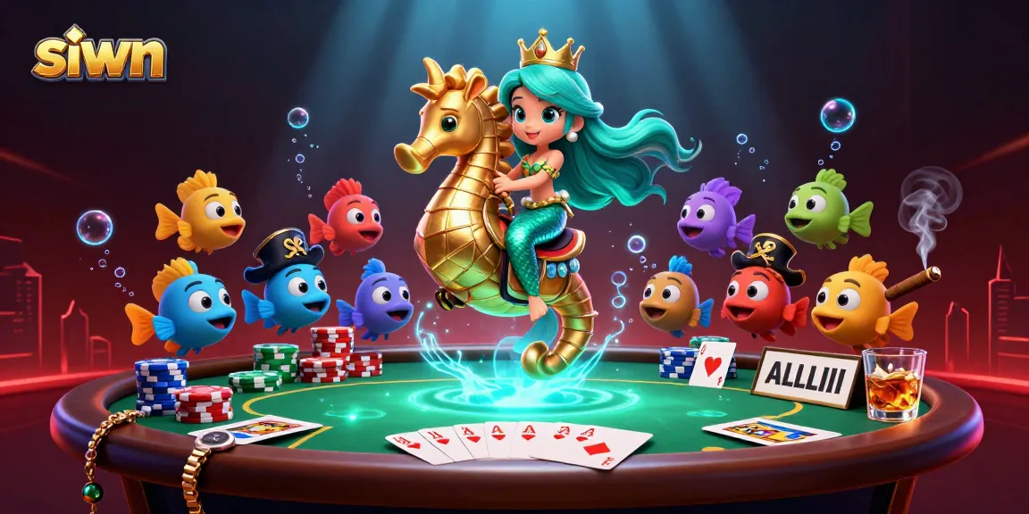 Playing thrilling poker at siwn casino with a colorful mermaid theme and golden seahorse companions.