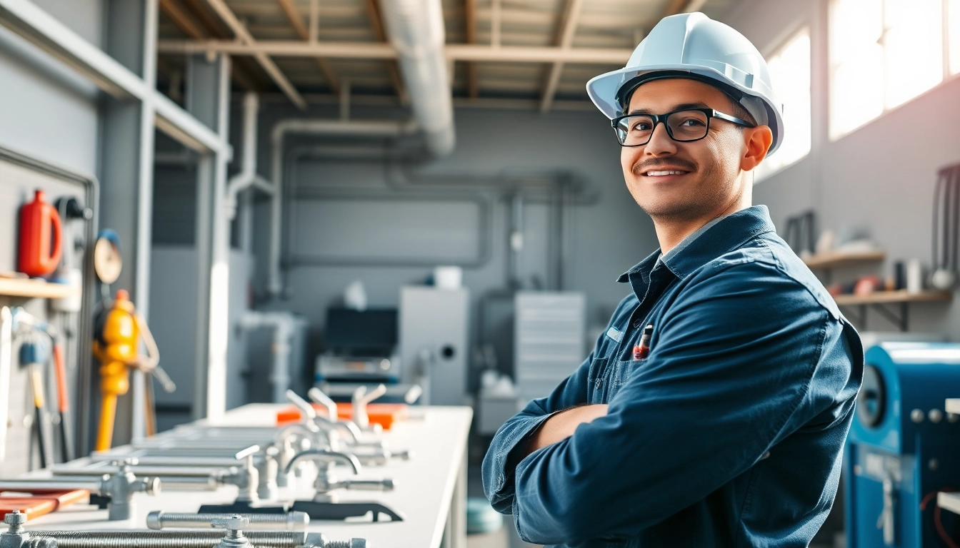 Plumbing apprenticeship: A skilled plumber at work in a modern workshop showcasing tools and equipment.
