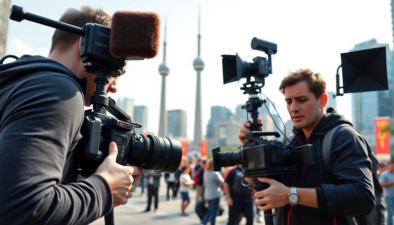 Professional videographers in Toronto filming an urban event with cameras and city skyline.