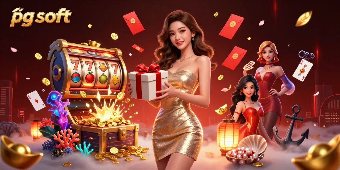 Spin and win with pg soft, featuring an elegant Asian woman celebrating amidst casino delights.