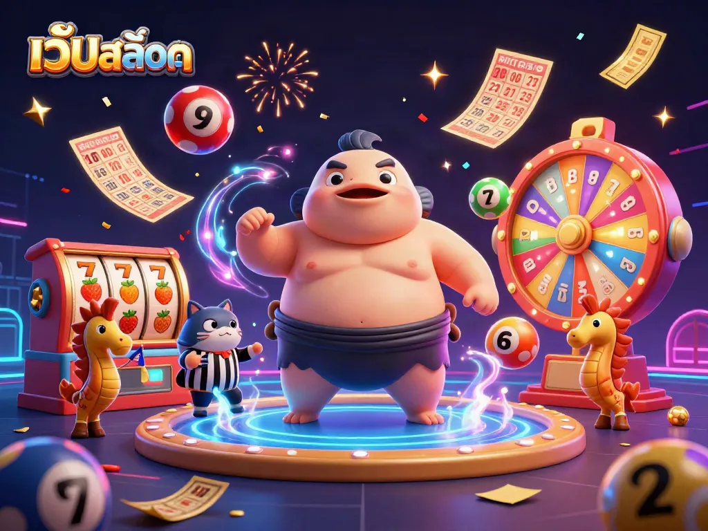 ภาพเว็ปสล็อต แสดงการ์ตูนฟูกุสวมเข็มขัดซูโม่ในสนามน้ำ สะท้อนความสนุกและอารมณ์ขัน