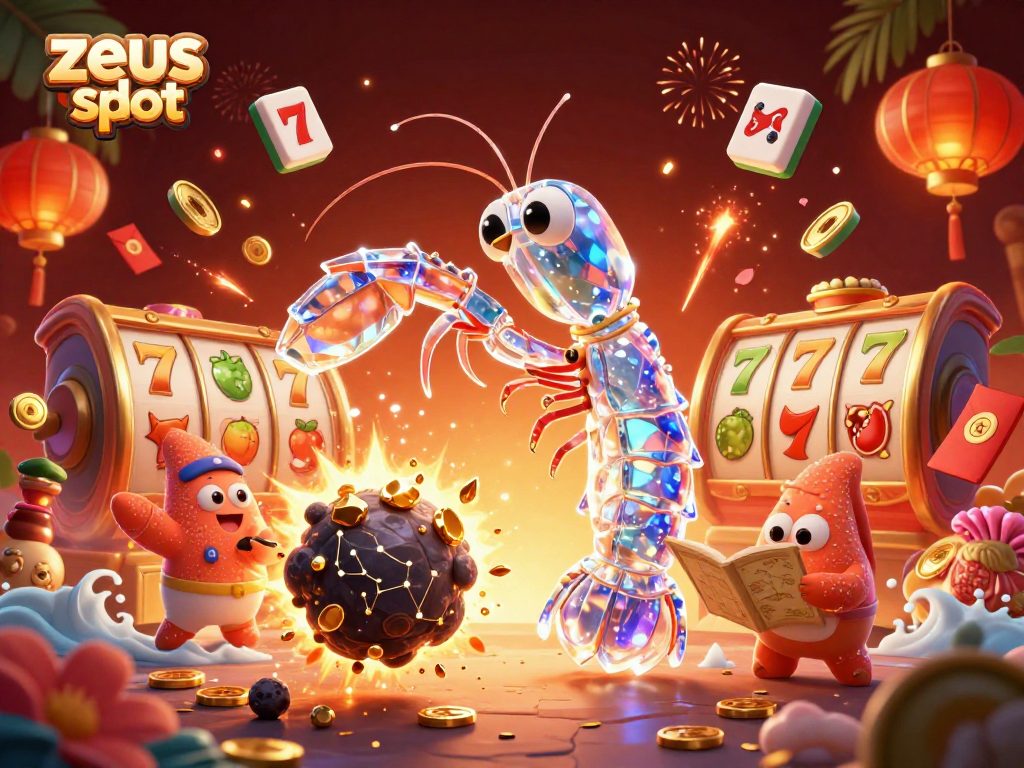 Experience the excitement of zeus slot with dynamic illustrations of a samurai mantis shrimp and lively casino elements.