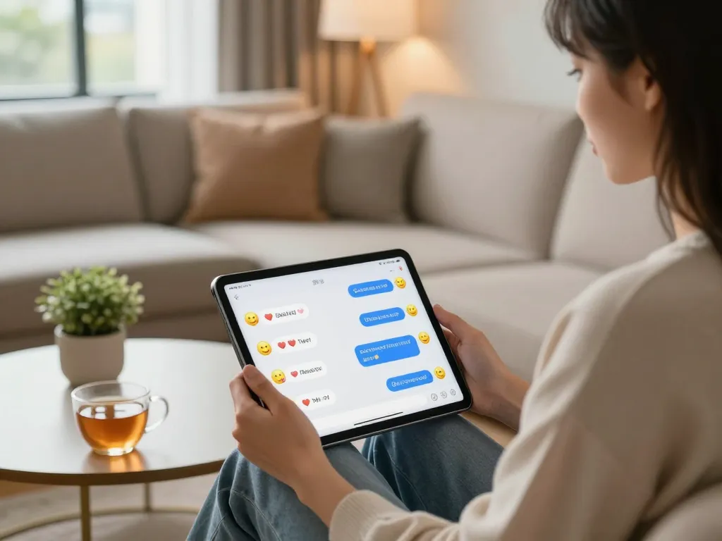 Engaging scene of a user chatting with an AI girlfriend on a tablet in a cozy living room.