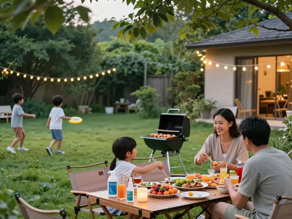 Family enjoying outdoor barbecue with mosquito repellent sprays and candles for protection