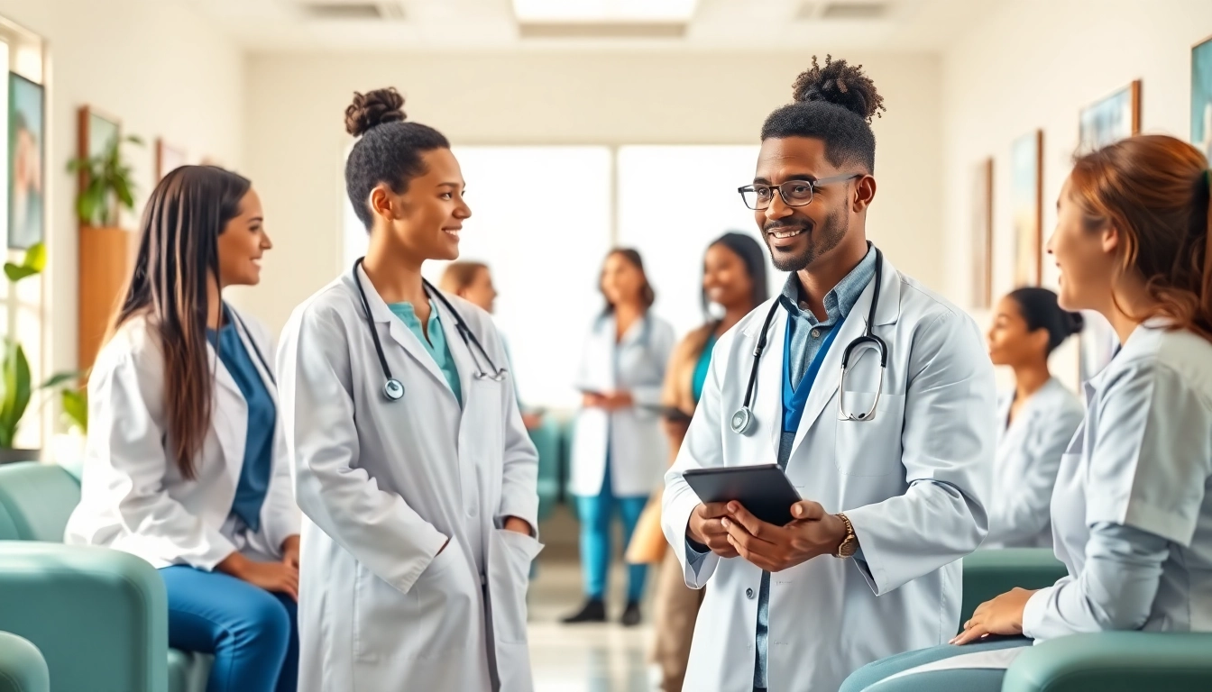 Health professionals actively supporting patients in a vibrant clinic.