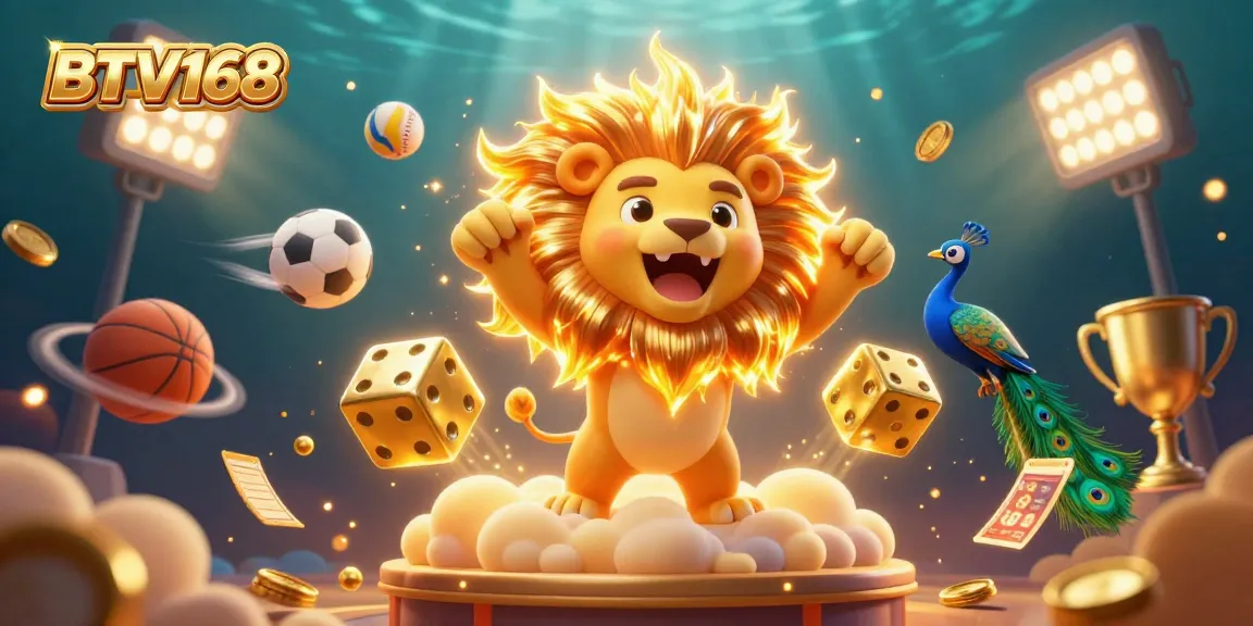 Experience BTV168's dynamic casino scene with sun lion, sports balls, and vibrant game features.