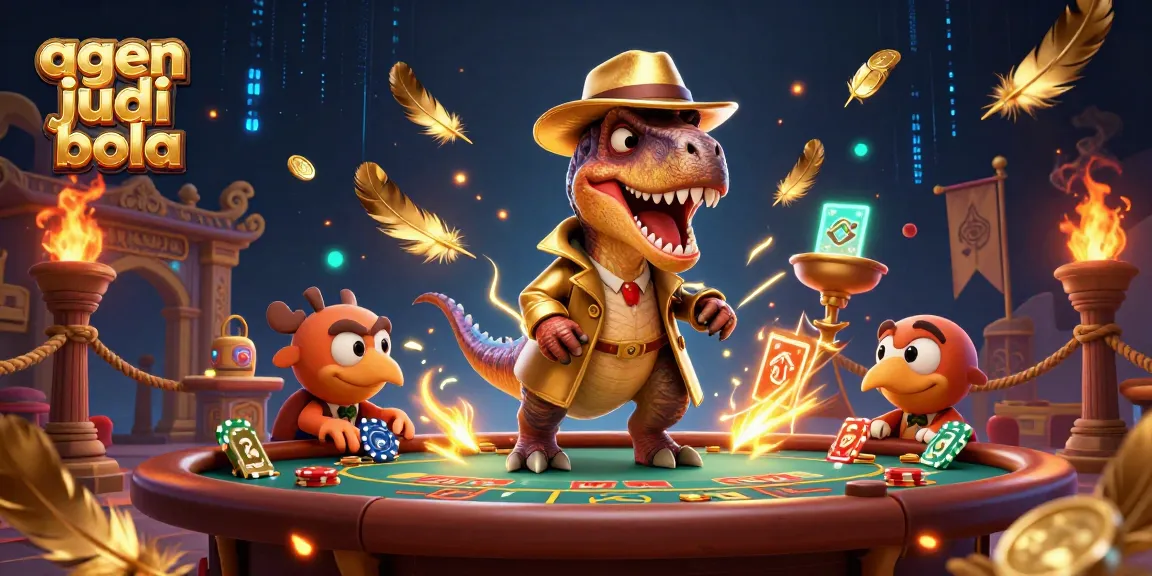 Experience thrilling agen judi bola action with a velociraptor and stegosaurus characters at a casino table.