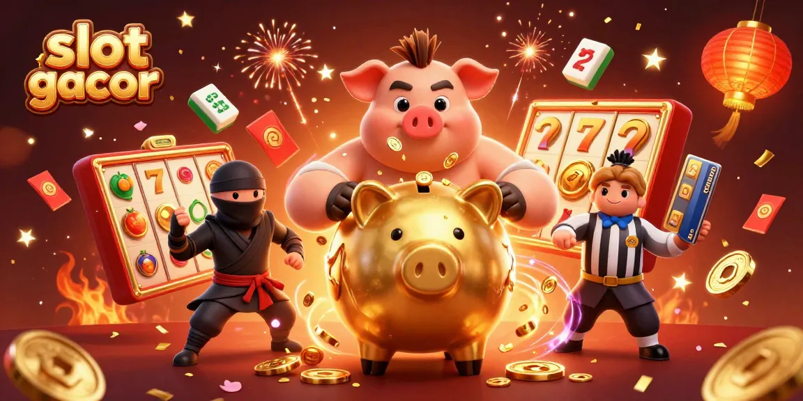 Engage in slot gacor excitement with a sumo wrestler and ninja amidst vibrant casino elements.