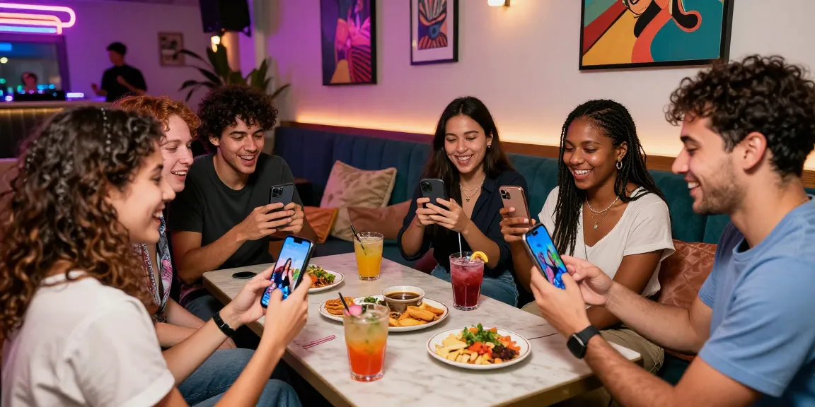 Friends enjoying a lively smash or pass game with AI-generated images in a trendy lounge setting