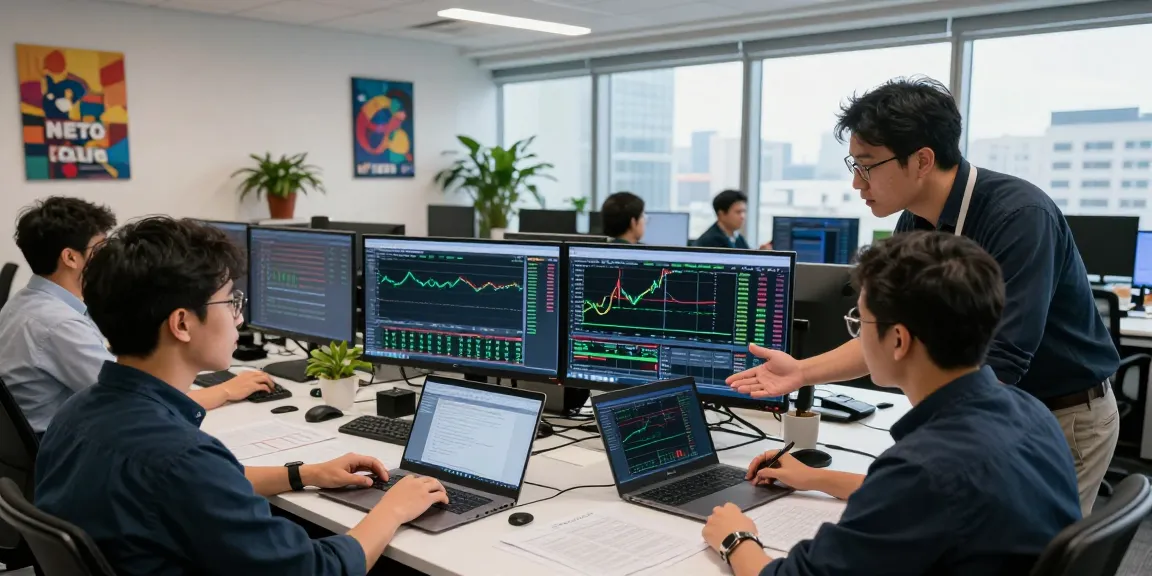 Traders utilizing MetaTrader 5 for strategy analysis in a modern trading office.